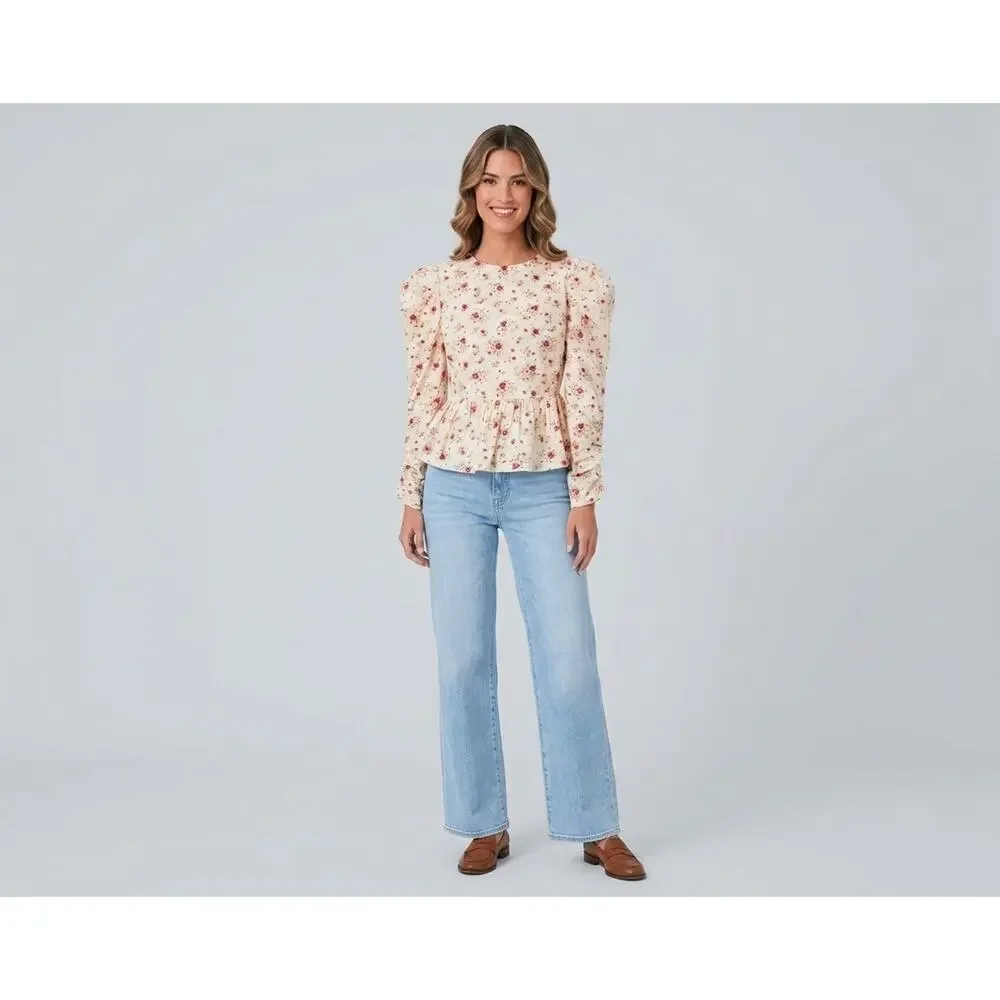 Tuckernuck Hyacinth House Ava Floral Peplum Blouse Medium Preppy Puff Sleeve Top